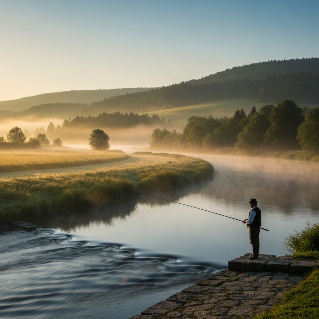 Rybář na české řece za úsvitu